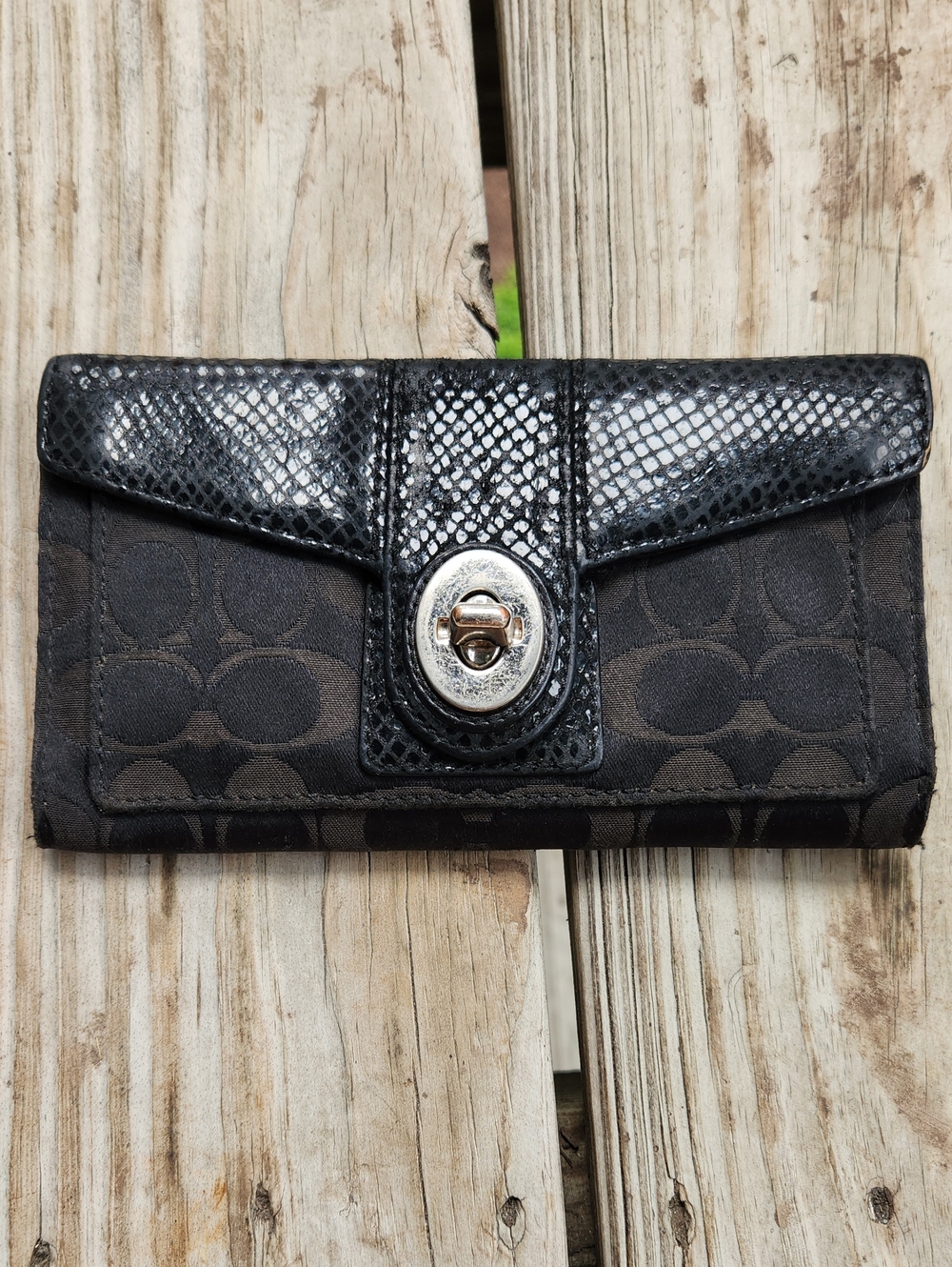 Coach Black Signature Canvas Wallet with Glossy Textured Flap